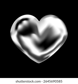 3D Y2K chrome heart in love icon with holographic glow. Abstract metallic figure in liquid and pearl texture. Trendy romantic vector with shiny gradient and futuristic cyber design.