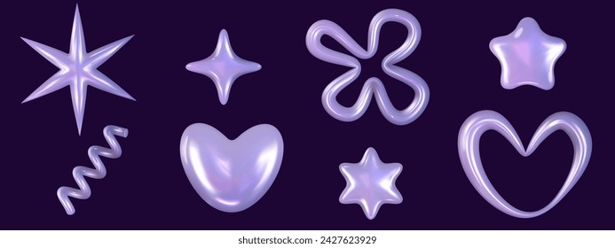 3d y2k Chrome holographic glossy element set. Abstract shape chrome metal render. Y2K form shiny purple holo light. Vector illustration 3d render.