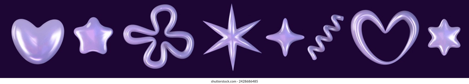 3d y2k Chrome holographic glossy element set. Abstract shape chrome metal render. Y2K form shiny purple holo light. Vector illustration 3d render.