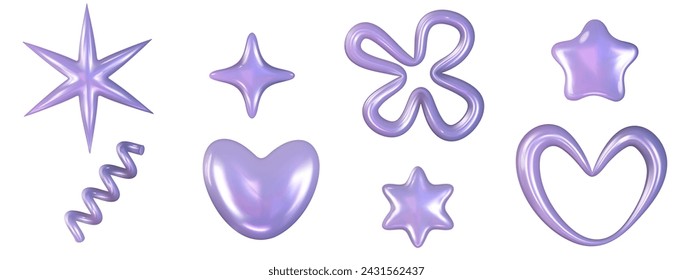 3d y2k Chrome holographic glossy element set. Abstract shape chrome metal render. Y2K form shiny purple holo light. Vector illustration 3d render.