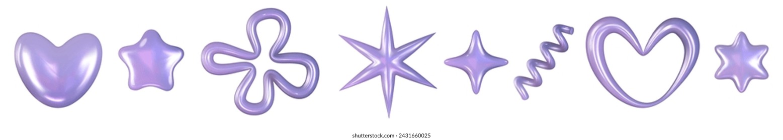 3d y2k Chrome holographic glossy element set. Abstract shape chrome metal render. Y2K form shiny purple holo light. Vector illustration 3d render.