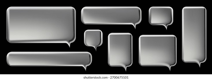 3d y2k Chrome Speech Bubble definido. Projeto de ilustração vetorial realista. Balão 3D estilo de pensamento símbolo de sinal. Metal, luxo, brilhante, brilhante, bate-papo, diálogo, modelo de forma.