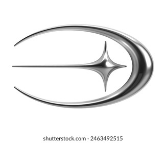 3D Y2K chrome star and crescent with glossy shiny metallic surface. Retro futuristic element in shape of flying star or comet in cyber space aesthetic. Isolated vector for digital and sci-fi designs