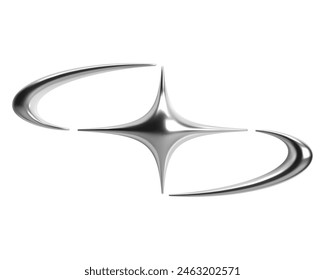 3D Y2K chrome star with elongated, fluid, wavy shapes and sleek, shiny, metallic, glossy finish. Isolated vector galaxy sign with spark, silver element for futuristic design in cyber space aesthetic