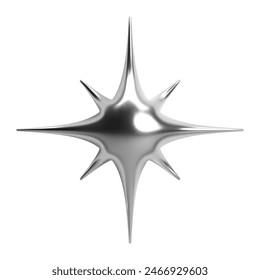 3D Y2K chrome star with multiple spikes, spark or flash, shiny metallic glossy silver surface. Isolated vector element for retro futuristic design, cyber space, galaxy aesthetic, sci-fi themes