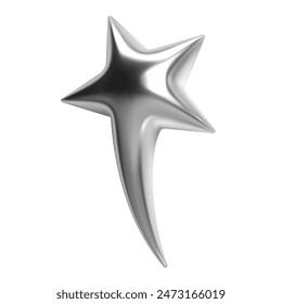 3d y2k chrome star with a sleek, elongated tail and shiny metallic silver surface. Isolated abstract element for retrofuturistic, cosmic, celestial, sci-fi themes, adding a futuristic, glossy touch