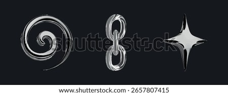 3D y2k chrome Swirl and chain loop icons in glossy chrome with abstract silver metallic curves. These fluid bold shapes are ideal for digital 3D symbol design. Shine and polish for modern aesthetics.