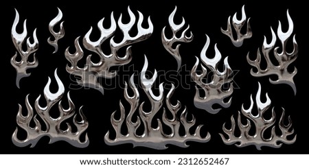 3D Y2K chromed fire shapes. Set of isolated vector elements as shiny melted metal flames in styles of chrome, silver, aluminum, platinum, steel, liquid mercury. Ideal for 2000s triball aesthetics