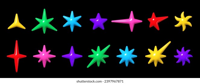 3D Y2K inflatable stars, glossy colorful plastic shapes, vector isolated elements set