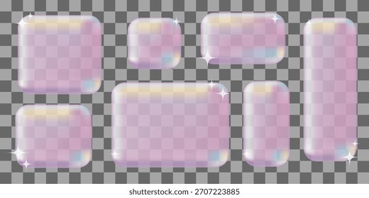 3d Y2K Marcos de vidrio rosa UI UX Elementos. Conjunto de Vector de carteleras geométricas translúcidas para decoración y revestimiento. Diseño moderno y elegante adecuado para Sitios web e interfaces de usuario.