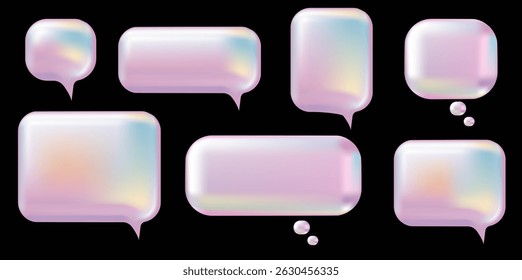 3d y2k Pink Speech Bubble definido. Projeto de ilustração vetorial realista. Balão 3D estilo de pensamento símbolo de sinal. Metal, luxo, brilhante, brilhante, bate-papo, diálogo, modelo de forma.