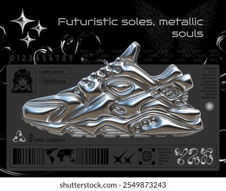 3d Y2K poster with metallic liquid chrome sneaker and cyberpunk design. Futuristic style with digital icons, glossy textures, and sleek typography. Ideal for fashion, tech, retro-futuristic projects