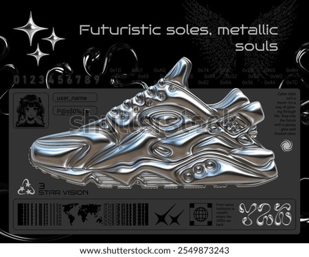 3d Y2K poster with metallic liquid chrome sneaker and cyberpunk design. Futuristic style with digital icons, glossy textures, and sleek typography. Ideal for fashion, tech, retro-futuristic projects