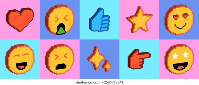 3d y2k smile. Emoji abstract, millennial social media isolated elements. Tech glitch acid pixel art. Geometric pink graphic 8bit print. Futuristic in cyberspace. Vector garish sticker collection