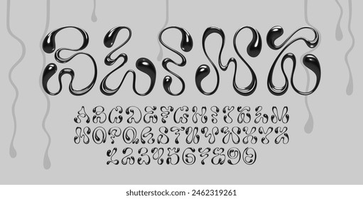 3D Y2K style font with fluid abstract wavy shapes of dripping liquid melted black metal or ink. Set of isolated vector alphabet letters and numbers for typography design, banners, posters, or prints