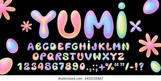 3D Y2K type font with luminous holographic gradient, perfect for spring and Easter designs. Vector isolated balloon bubble English alphabet letters