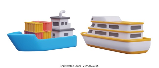 3D yacht and barge with containers in cartoon style. Types of boats. Colored water vehicles. Passenger and cargo ship. Illustrations for transport, logistics business