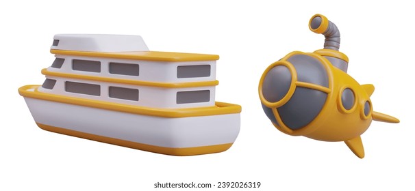 3D yacht and bathyscaphe with periscope. Different types of boats. Water vehicles. Surface and underwater trips. Color illustrations on white background