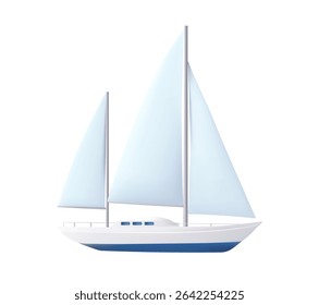 3d Yacht sailboat or sailing ship, sail boat marine cruise travel icon. scuba mask and snorkel, diving flippers isolated on white background, Vector illustration