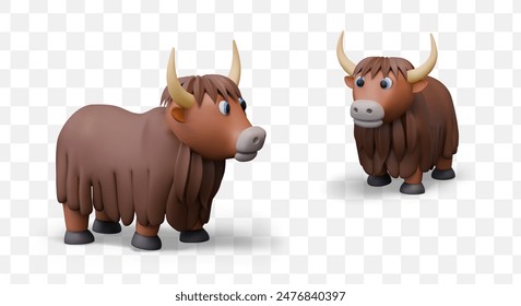 3D yak in different positions. Horned massive herbivore. Funny character with long fur