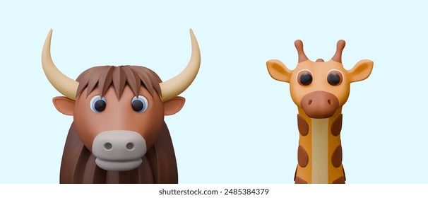 3D yak, giraffe in plasticine style, front view. Wild herbivores. Funny characters