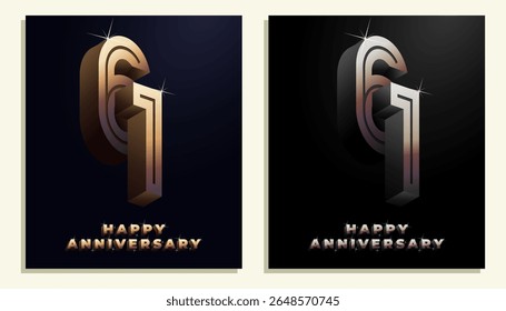 3d Year Anniversary Gold Metal Colour 61th, 61th Happy Anniversary with Elegant Colour, Luxury and Modern.