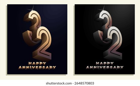 3d Year Anniversary Gold Metal Colour 32th, 32th Happy Anniversary with Elegant Colour, Luxury and Modern.