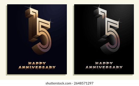 3d Year Anniversary Gold Metal Colour 15th, 15th Happy Anniversary with Elegant Colour, Luxury and Modern.