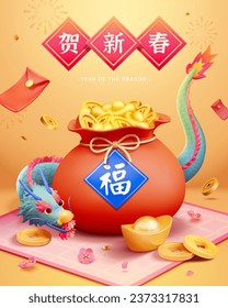 3D Year of the Dragon CNY poster. Dragon wrapping around a fortune bag full of gold on pink mat. Text: Happy new year. Fortune.