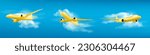 3d yellow airplane flying on blue sky landscape background with cloud, vector illustration, Realistic banner with blank passenger jet flight, bottom view, aviation concept or vacation trip ads mockup