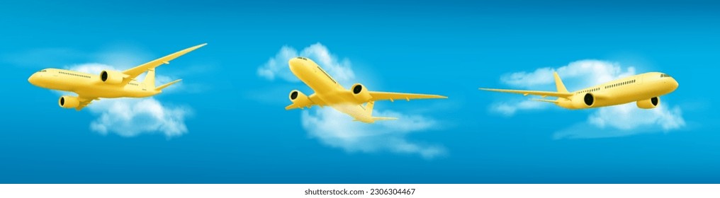 3d yellow airplane flying on blue sky landscape background with cloud, vector illustration, Realistic banner with blank passenger jet flight, bottom view, aviation concept or vacation trip ads mockup