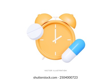 3D Yellow alarm clock and blue capsule pill. Time to take pills. Medication reminder. Tablets for good sleep. Caring for health. Help with insomnia. Cartoon design icon. 3D Vector illustration