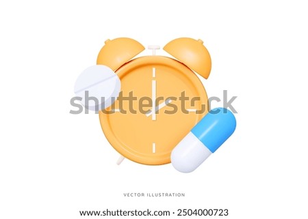 3D Yellow alarm clock and blue capsule pill. Time to take pills. Medication reminder. Tablets for good sleep. Caring for health. Help with insomnia. Cartoon design icon. 3D Vector illustration