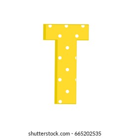 3d yellow alphabet letter T with polka dots isolated on white background Vector illustration