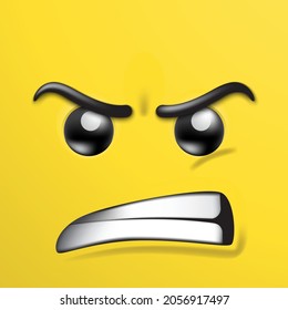 3d Yellow angry face, building block brick toy emoji icon, Simple emotion worst face for kid wallpaper, fun play game, decoration, post, poster, flyer, cover, brochure. Vector Illustration