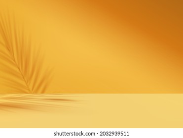 3d yellow background products display podium scene and yellow leaf platform  background vector 3d render and podium  background 3d to show cosmetic product  Stage showcase pedestal display yellow