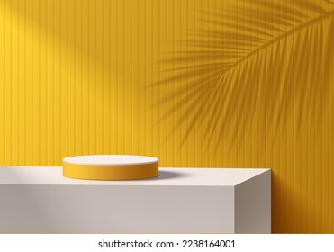 3D yellow background with realistic cylinder pedestal podium on white cube box table, Palm leaf shadow overlay. Abstract minimal wall scene mockup product display. Geometric forms. Stage for showcase.