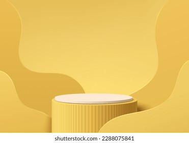 3D yellow background with realistic white cylinder stand podium and layer wavy wall scene. Pastel minimal mockup product display. Abstract geometric platforms. Stage for showcase. 3D vector rendering.