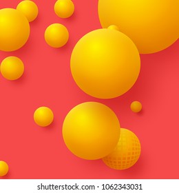 3d yellow balls on the red background. Abstract floating spheres background. Vector illustration.