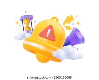 3D yellow bell with attention sign, megaphone, and hourglass surrounded by clouds. Concept of urgent notification, reminder, and effective time management. Vector illustration in cartoon style.