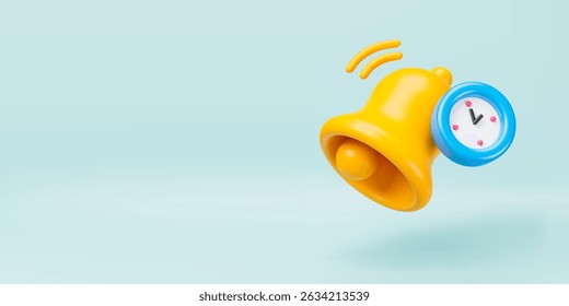 3d yellow bell with blue time counting timer. Realistic deadline alert reminder with ringing bell. Concept of time management and deadline. Notification symbol. Vector banner background