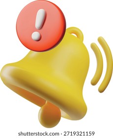 3D yellow bell with a red exclamation mark. Alert, warning, emergency, danger, error, urgent, attention. For web design and mobile apps. Vector cartoon illustration. Isolated background.