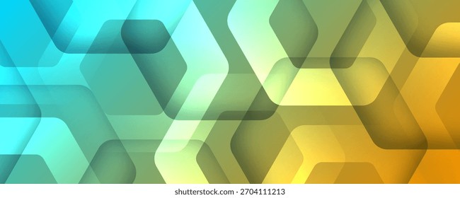 Capa abstracta del fondo azul amarillo 3D de la superposición en el espacio brillante con la decoración redondeada del efecto de los hexágonos. Concepto moderno del estilo del recorte del elemento del Diseño gráfico para el Web, el volante, la tarjeta, o la cubierta del folleto