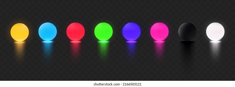 3d yellow, blue, red, green, purple, pink, black, white, glow ball. Vector illustration