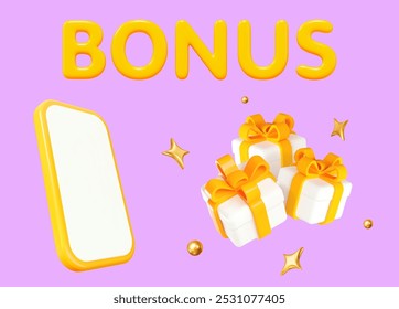 3d yellow Bonus with phone, white gift box with yellow ribbon and flying gold stars and balls. Stock vector illustration on pink isolated background.
