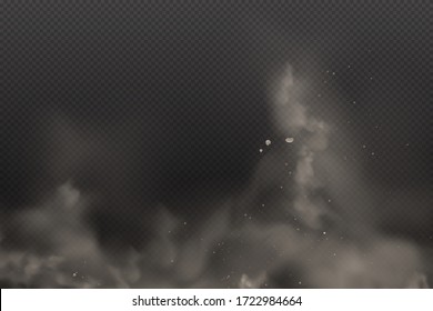 3d Yellow and Browon Dust on Vector Dark Transparent Background. Dust Dirty Cloud Particles in the Air pollution and Smoke Gog. Explosion clouds in City Smog, Polluted and Dirty Air