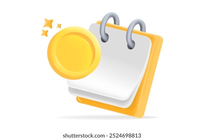 3d yellow Calendar with a golden coin icon, can be used scheduling financial goals, payment reminders, for tracking savings. illustration vector