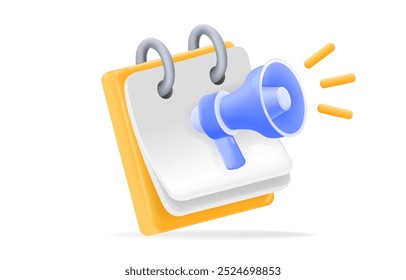 3d yellow Calendar with megaphone, perfect for promoting events, scheduling announcements, and reminders. Can be used to increase engagement in event planning, management, and notification. vector