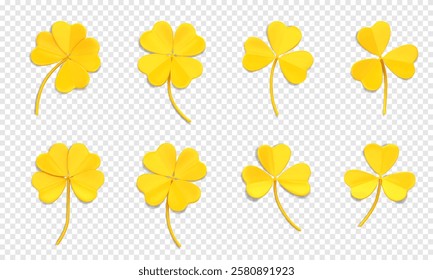 3D yellow clover leaves. Shamrock symbol of lucky. Decorative element for Irish holiday St. Patrick Day. 3D icons with trefoil and quatrefoil leaves isolated on a transparent background