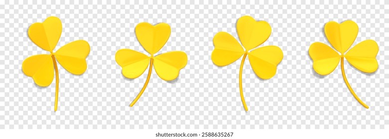 3D yellow clover leaves. Shamrock symbol of lucky. Decorative element for Irish holiday St. Patrick Day. 3D icons with trefoil leaves isolated on a transparent background